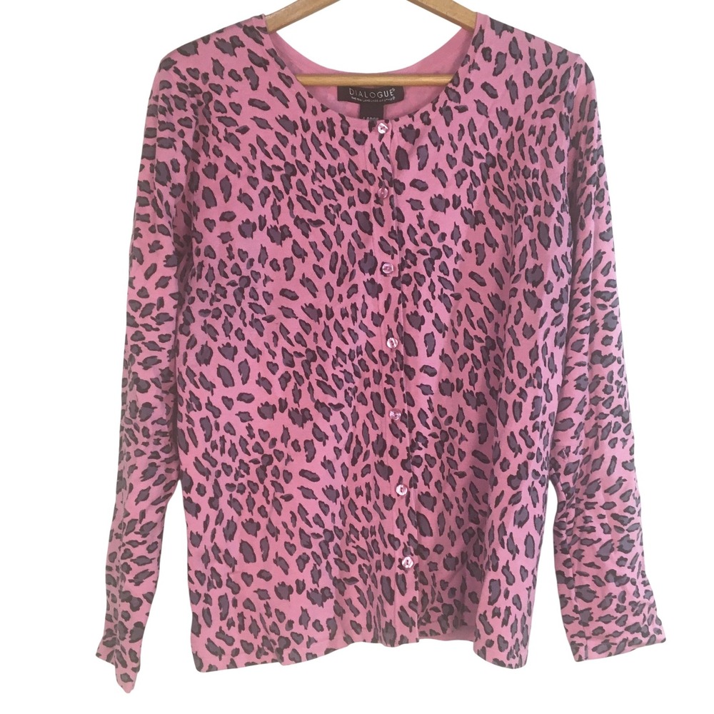 Dialogue Pink Leopard Print‎ Silk Nylon Blend Cardigan Sweater Top Women's Large